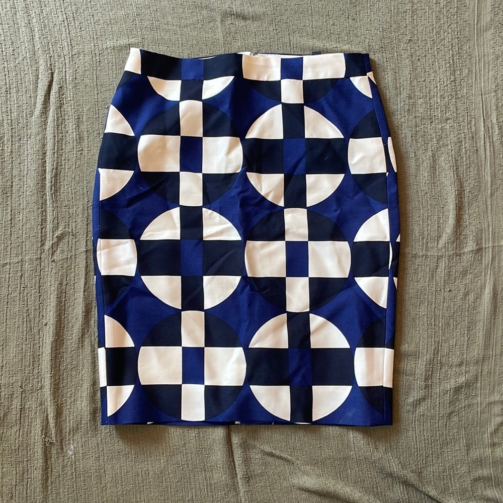 J. Crew Navy Blue and White Geometric Pencil Skirt